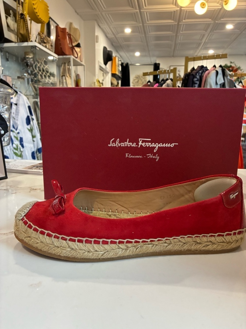 Salvatore Ferragamo red suede espadrille flats with a bow